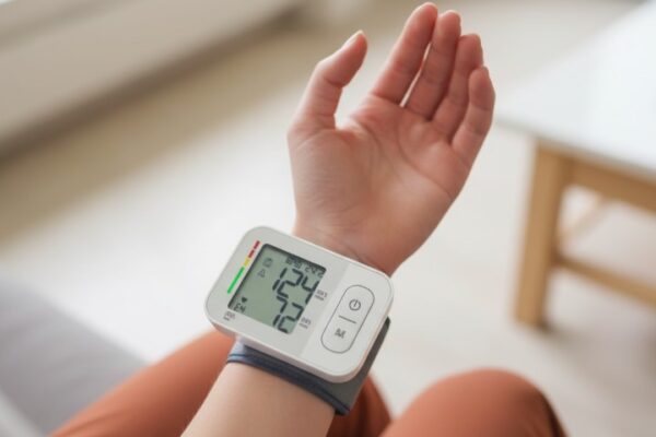 Osoba meri krvni pritisak u dnevnoj sobi