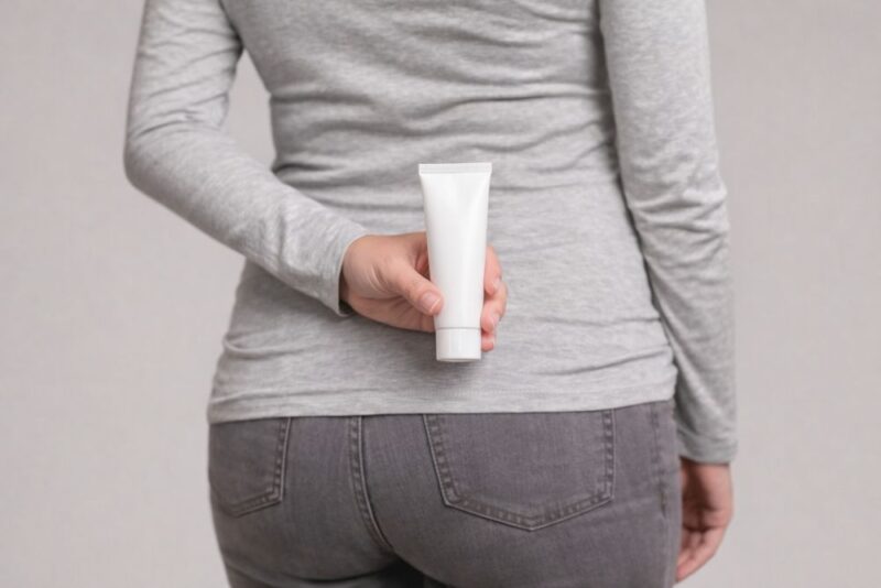 Trudnica drži neutralno pakovanje gela za hemoroide iza leđa, simbolizujući diskretan i bezbedan izbor preparata za osetljivu analnu regiju