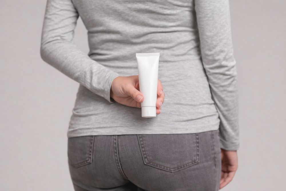 Trudnica drži neutralno pakovanje gela za hemoroide iza leđa, simbolizujući diskretan i bezbedan izbor preparata za osetljivu analnu regiju