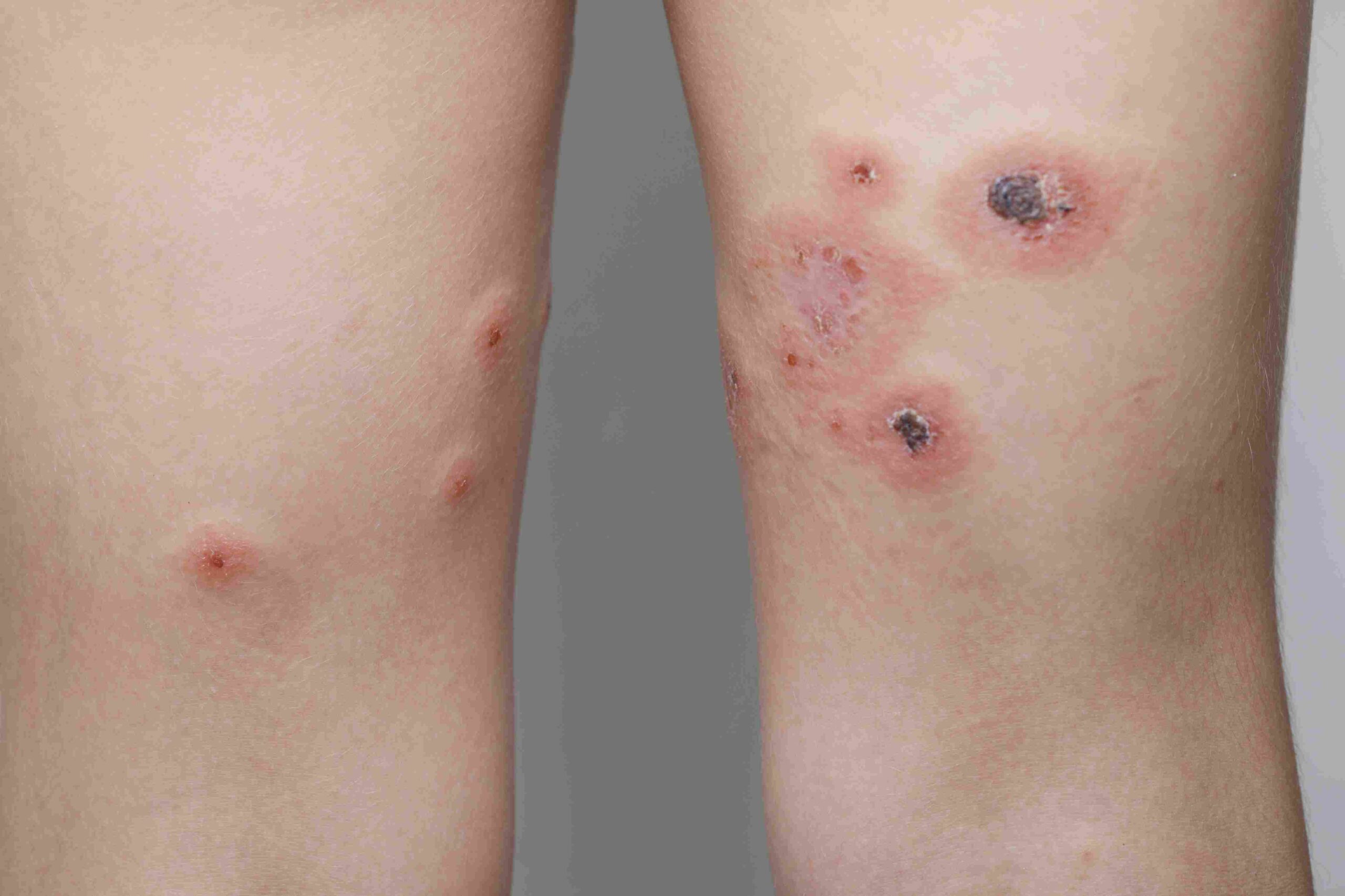 Koža sa crvenim, upaljenim ranicama i krasticama kao simptom infekcije